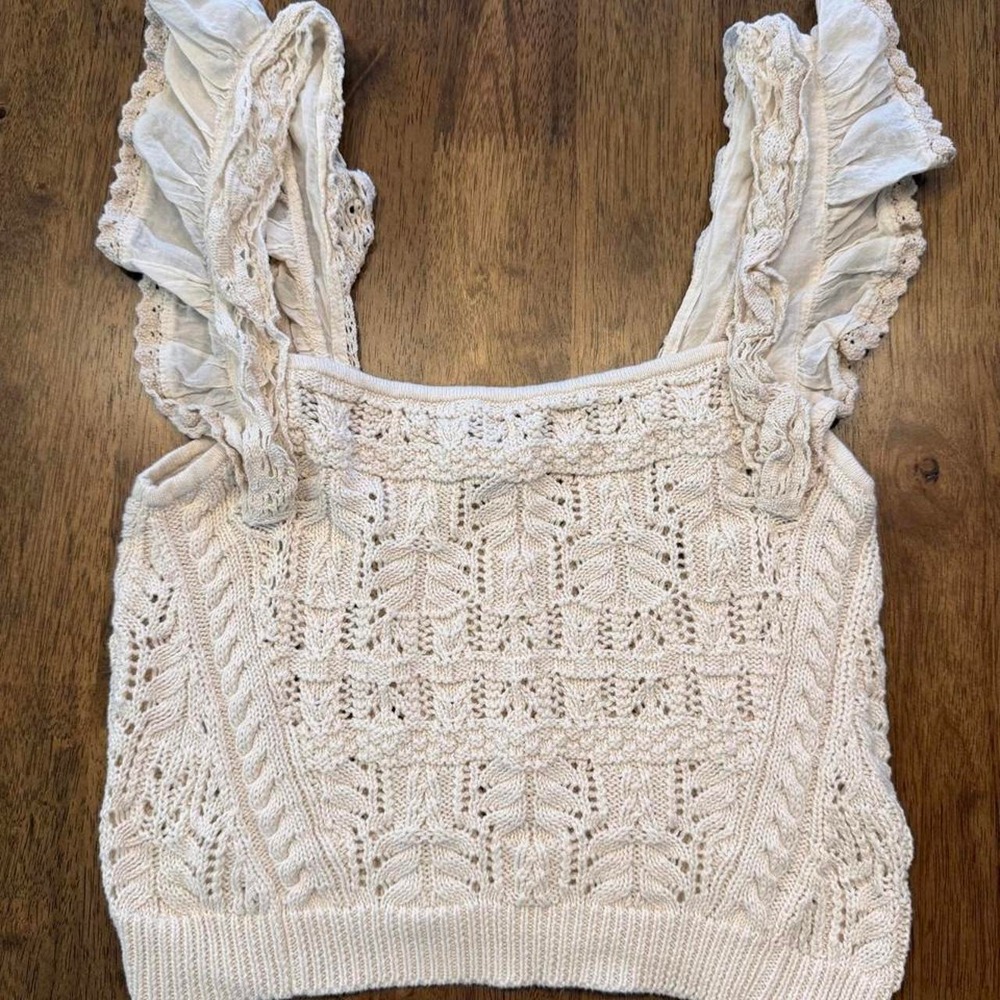 By Anthropologie Cream Crochet Knit Ruffle Garden Sweater Tank Top Size S